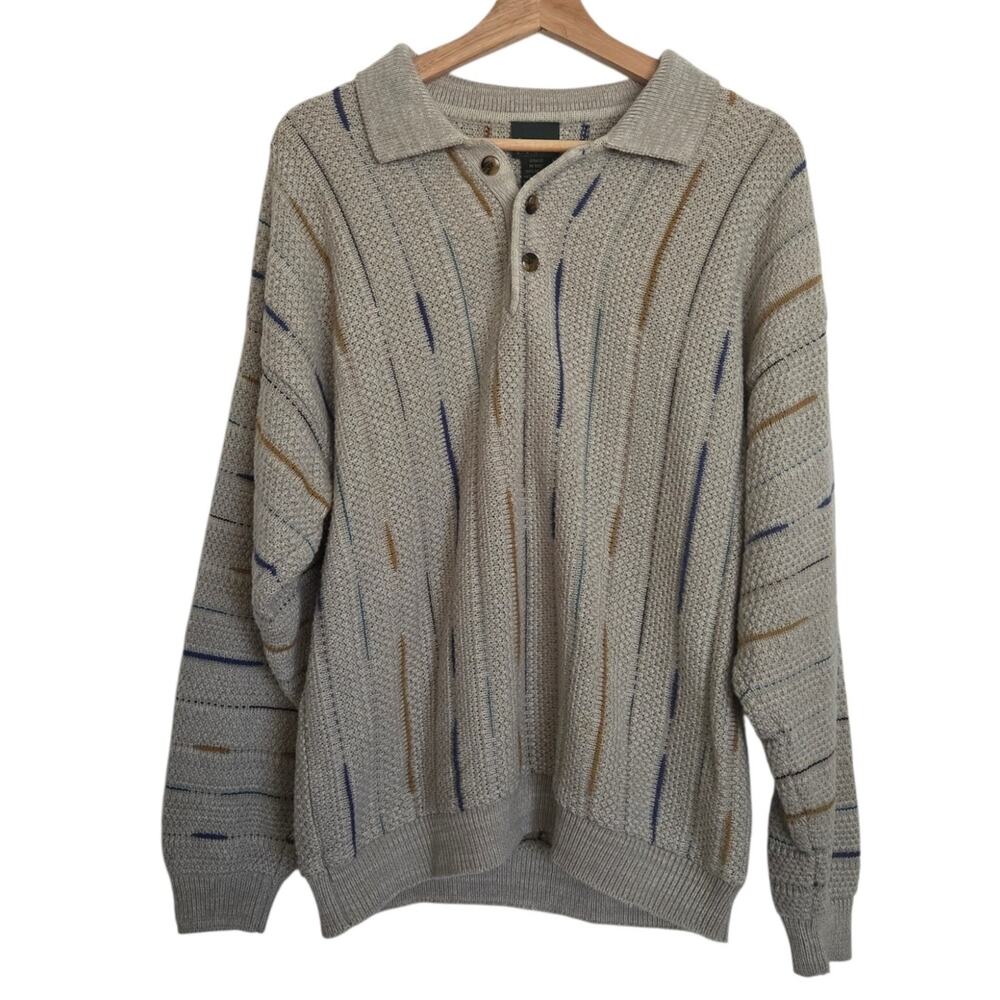 Retro Scandia Woods Rugby Polo Henley Knit Sweater Nordic Cabincore LARGE